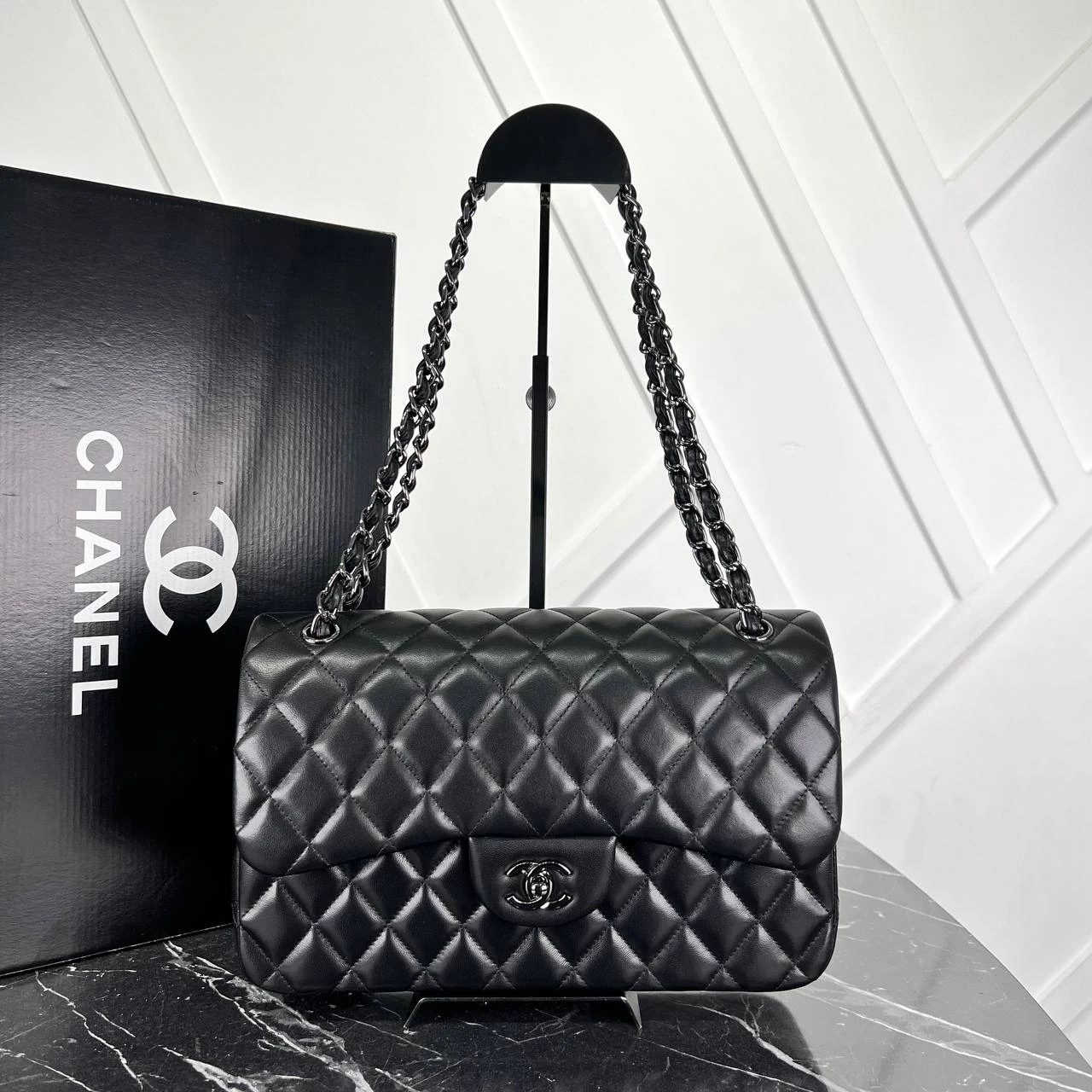 Picture of 3.55 Cappitone Large Size Double Flap Bag  - Black Hardware