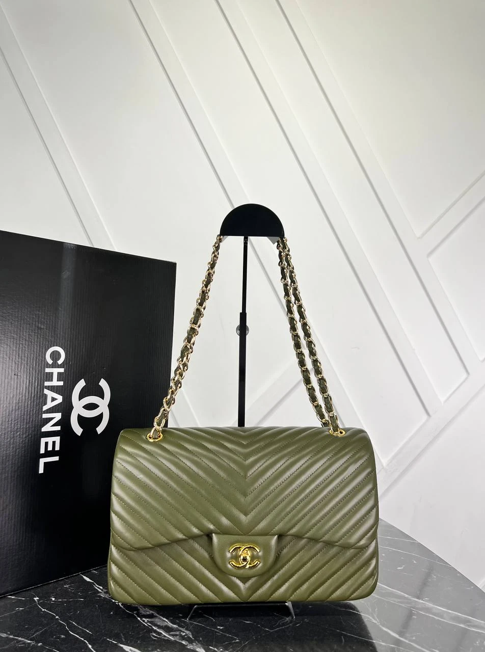 3.55 Classic Chevron Double Flap Bag - Khaki的图片