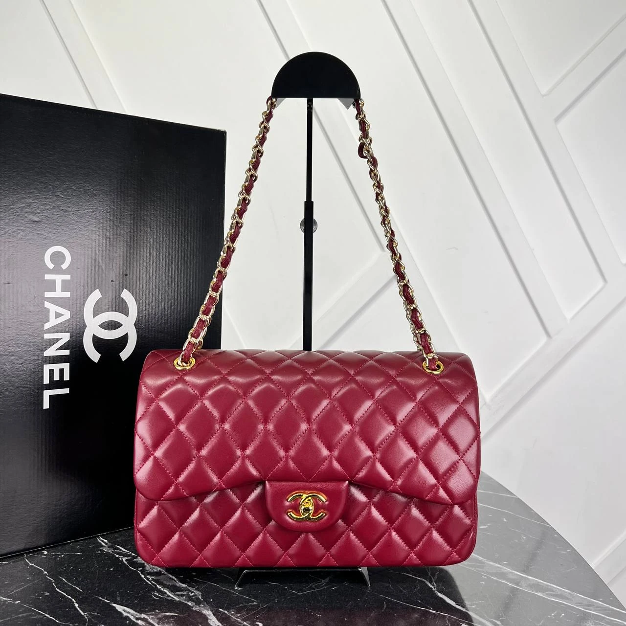 Picture of 3.55 Cappitone Large Size Double Flap Bag  - Burgundy