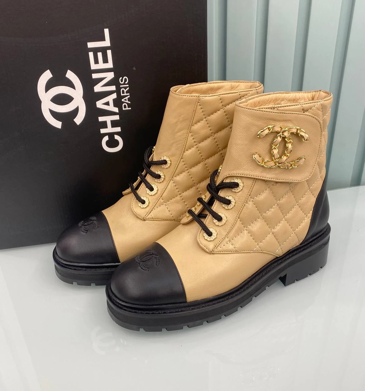 Picture of Lambskin Calfskin Quilted Lace Up Combat Boots - Beige