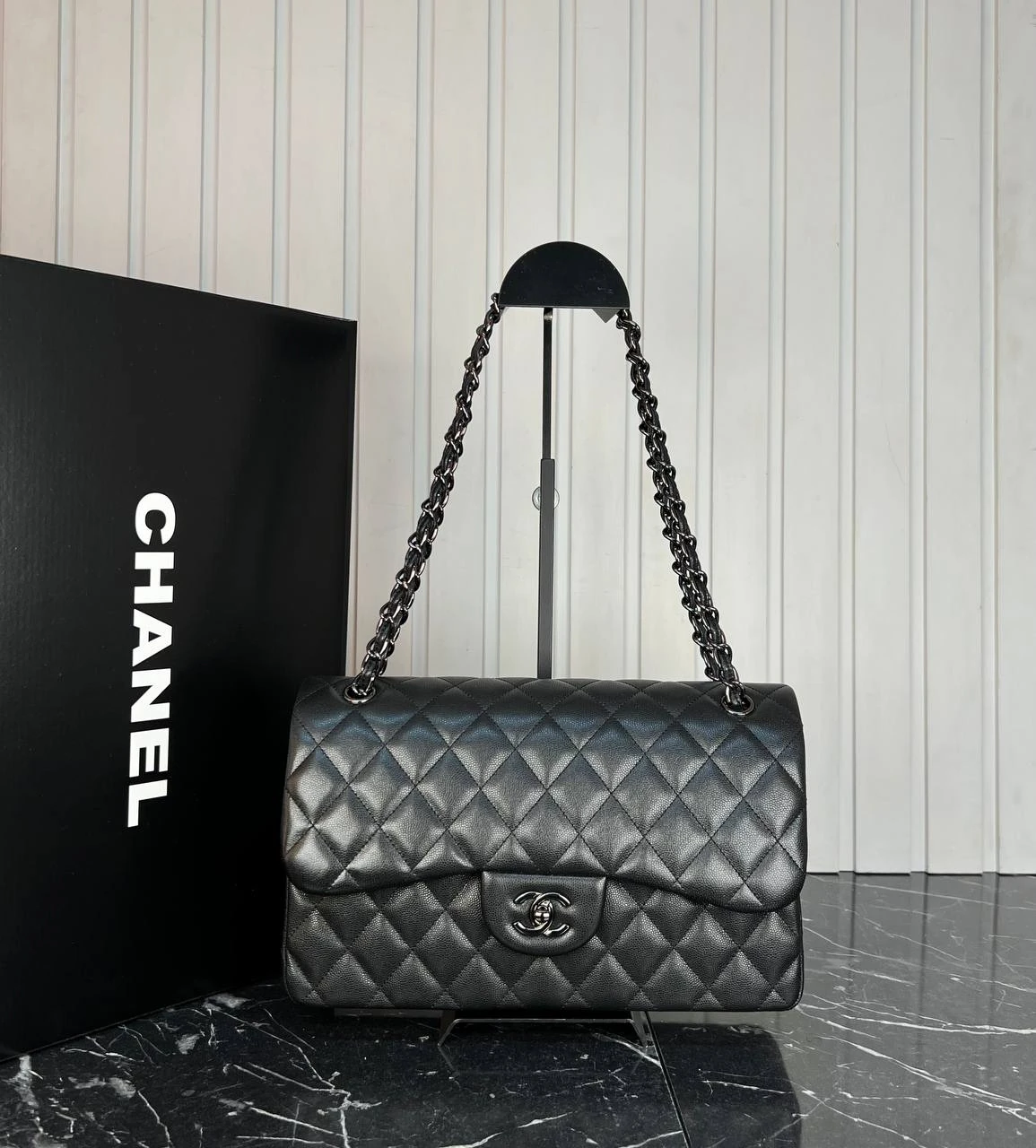 Picture of 3.55 Cappitone Large Size Double Flap Bag  - Caviar Leather - Black Hardware