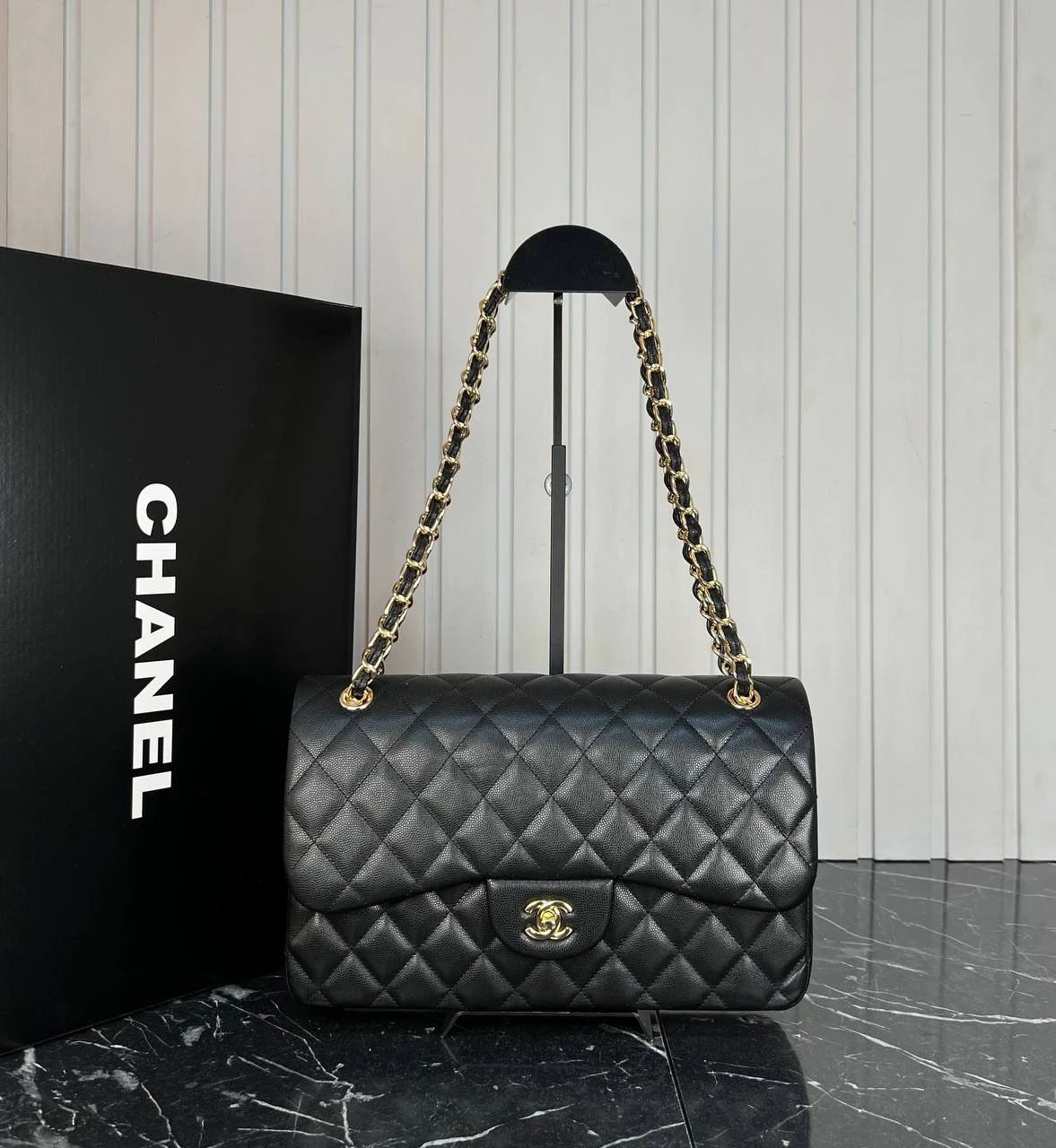 Picture of 3.55 Cappitone Large Size Double Flap Bag  - Caviar Leather - Gold Hardware