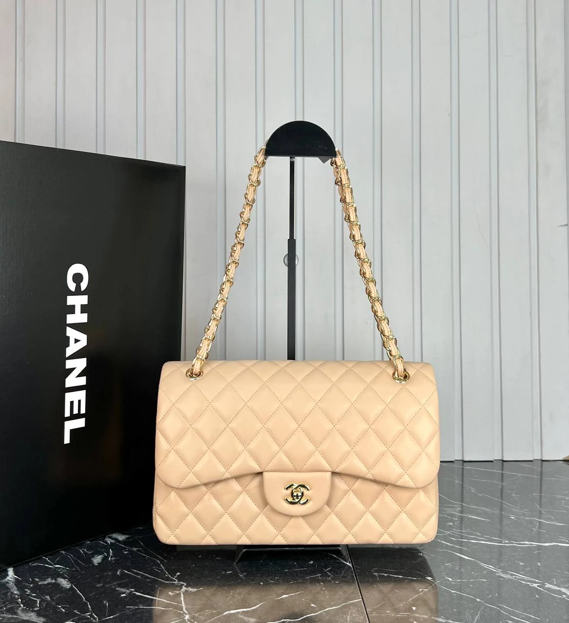 Picture of 3.55 Cappitone Large Size Double Flap Bag  - Beige