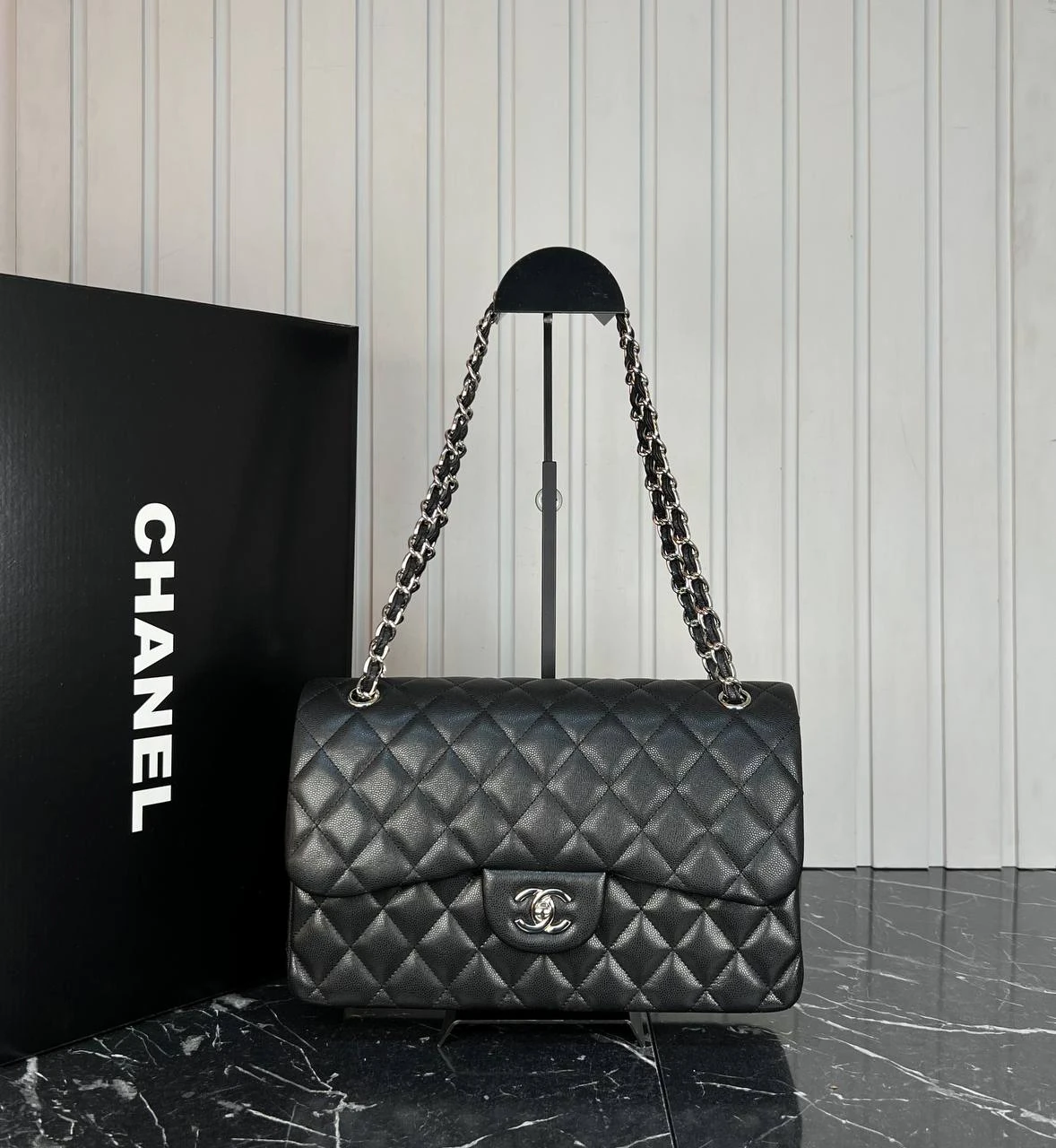Picture of 3.55 Cappitone Large Size Double Flap Bag  - Caviar Leather - Silver Hardware
